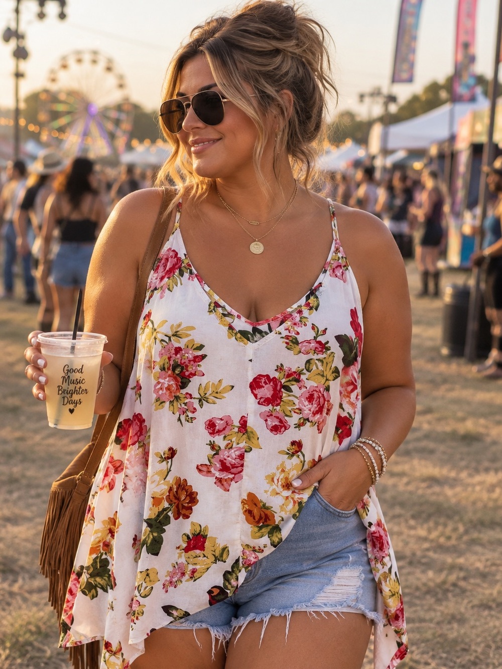 Ambiance White Floral Cami Top - Red & Green Floral Pattern